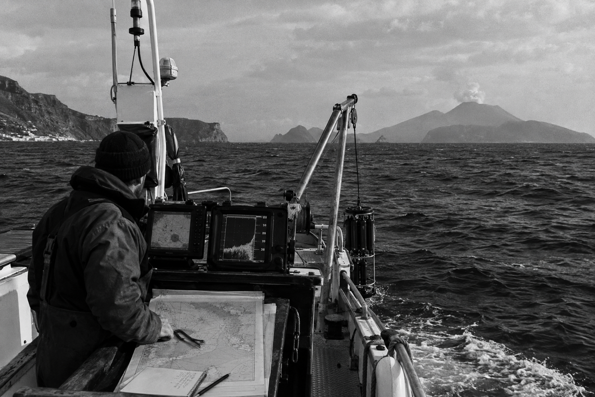 Carta batimetrica e orizzonte marino, composizione interpretativa in bianco e nero