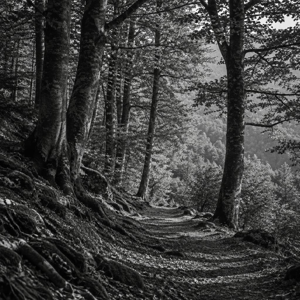 Interpretazione in bianco e nero di un passaggio tra alberi e suolo boschivo in ambiente montano